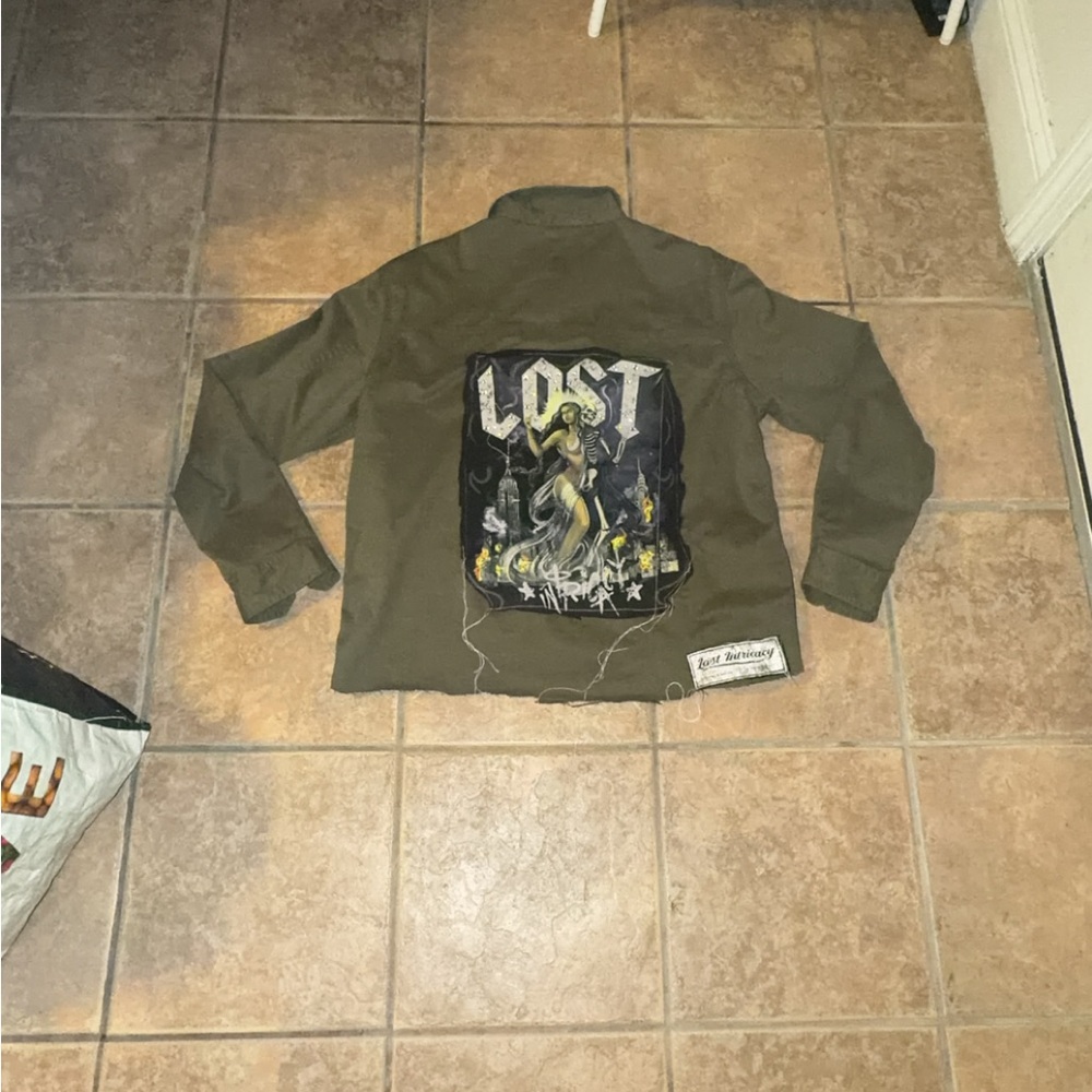 Custom Graphic Patch Olive Green Jacket with 'LOST' Back Art